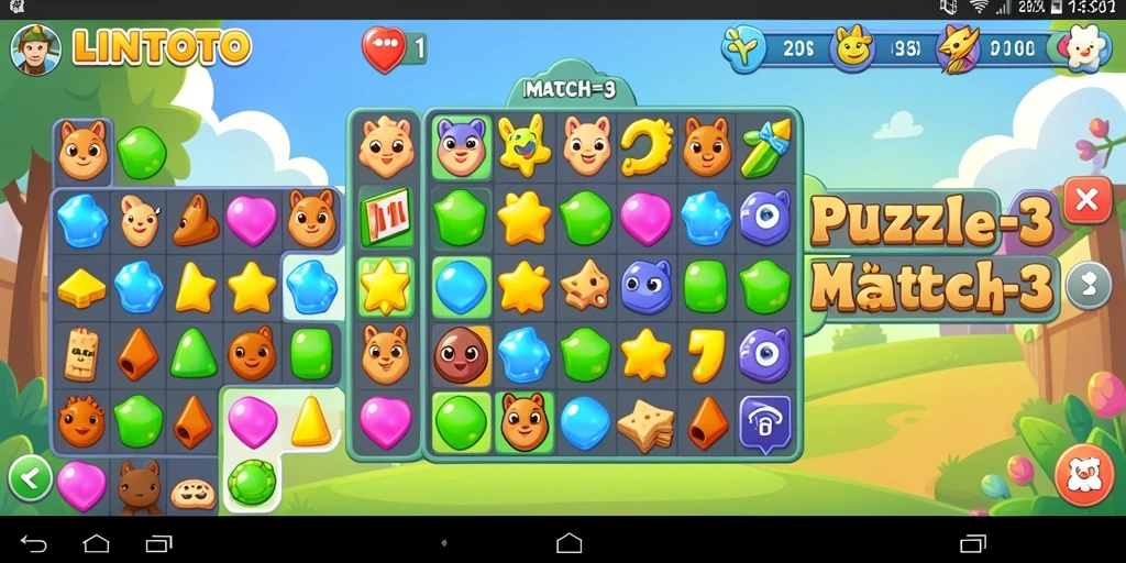 Antarmuka LINITOTO yang menawan dengan elemen Puzzle Match-3.